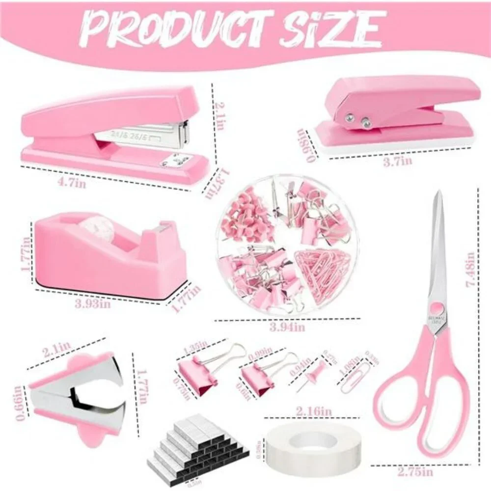 Pink desk accessories set 17 piece organizer stapler tape dispenser office suppl